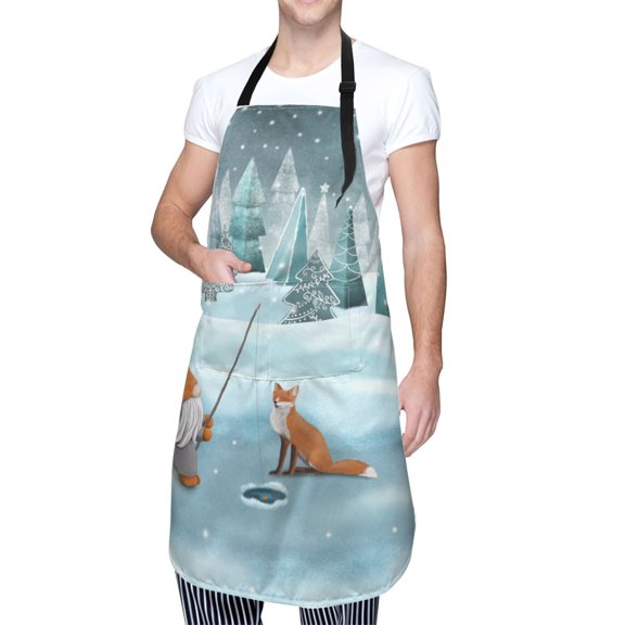 Kdxio Gnome And Red Fox Fishing Apron with Pockets Adjustable Kitchen Aprons for Men Women Waterproof Aprons for Cooking,Drawing,Crafting, Baking Household Cleaning