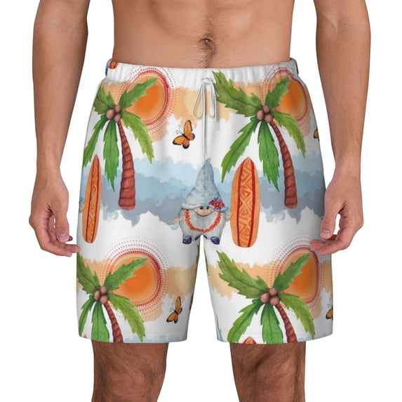 Kdxio Gnome And Surfing Print Men'S Swim Trunks With Compression Liner 7 Inch Inseam Quick Dry Swim Shorts