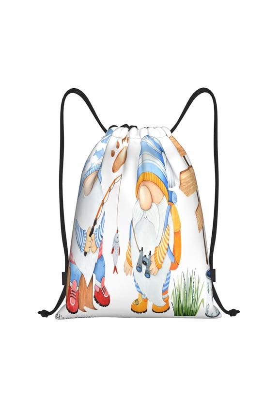 Gnome Camping Fishing Print Drawstring Backpack Bag,Waterproof Draw String Back Sack, Gym Drawstring Bags Swim Bag For Unisex
