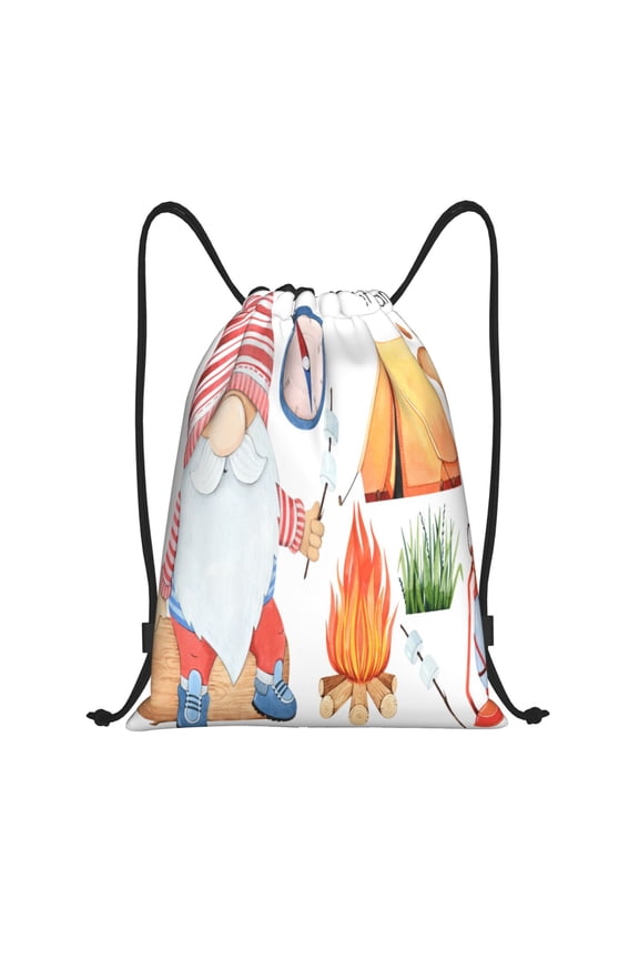 Gnome Camping Print Drawstring Backpack Bag,Waterproof Draw String Back Sack, Gym Drawstring Bags Swim Bag For Unisex
