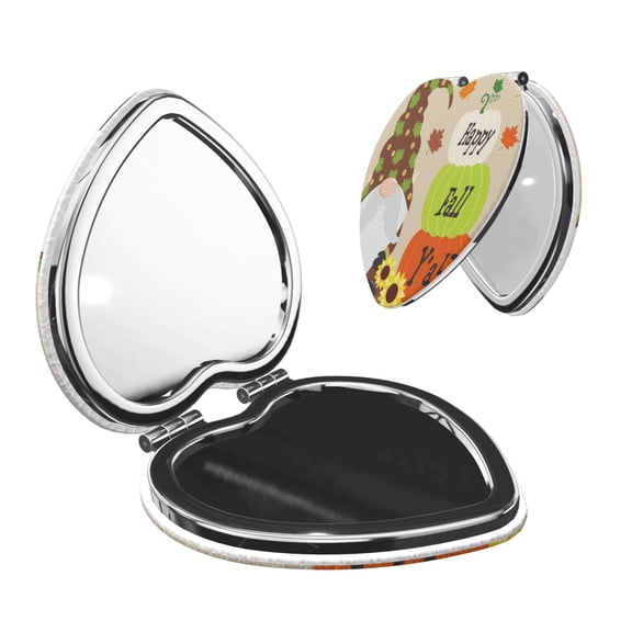 Kdxio Gnome Happy Fall Pocket Mirror, 1X/2X Travel Makeup Mirror 2-Sided Folding Small Mirror Portable Double-Sided Magnifying Cosmetic Mirror for Gift-Heart Shape