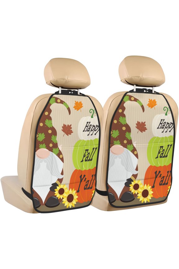 Gnome Happy Fall Print 2 Pack Car Kick Mat Seat Cover Back Protector Mat with Pockets for Organizer Backseat Protector and Storage Anti Kick Pad for Vehicles