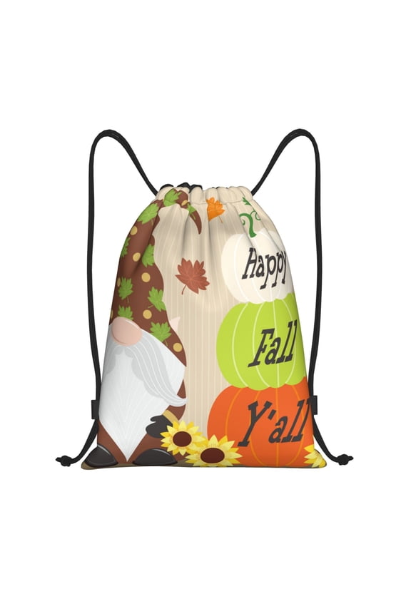 Gnome Happy Fall Print Drawstring Backpack Bag,Waterproof Draw String Back Sack, Gym Drawstring Bags Swim Bag For Unisex
