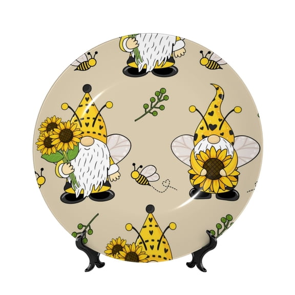 Kdxio Gnomes Bees And Sunflowers Bone China Decorative Plate Ceramic Decorative Plate for Home Office Wall Stand Decorative Plates for Home Bedroom-7in