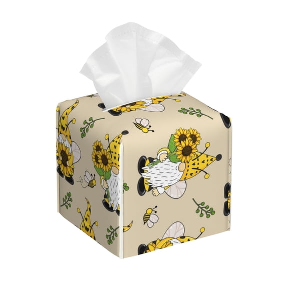 Kdxio Gnomes Bees And Sunflowers Print Tissue Box Cover,Square Decorative PU Leather Facial Paper Case Organizer Holder Dispenser for Bathroom,Night Stands,Desk,Car 5.2''X5.2''X5.2''