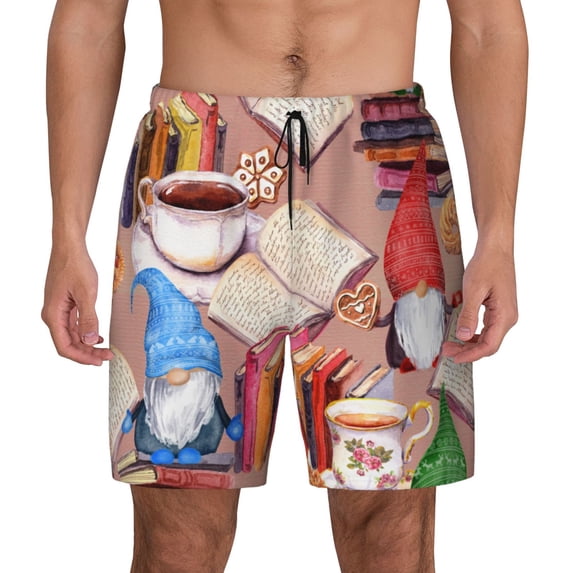 Kdxio Gnomes Books Tea Cups Print Men'S Swim Trunks With Compression Liner 7 Inch Inseam Quick Dry Swim Shorts