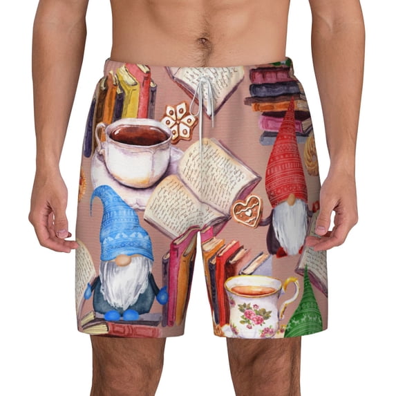 Kdxio Gnomes Books Tea Cups Print Men'S Swim Trunks With Compression Liner 7 Inch Inseam Quick Dry Swim Shorts