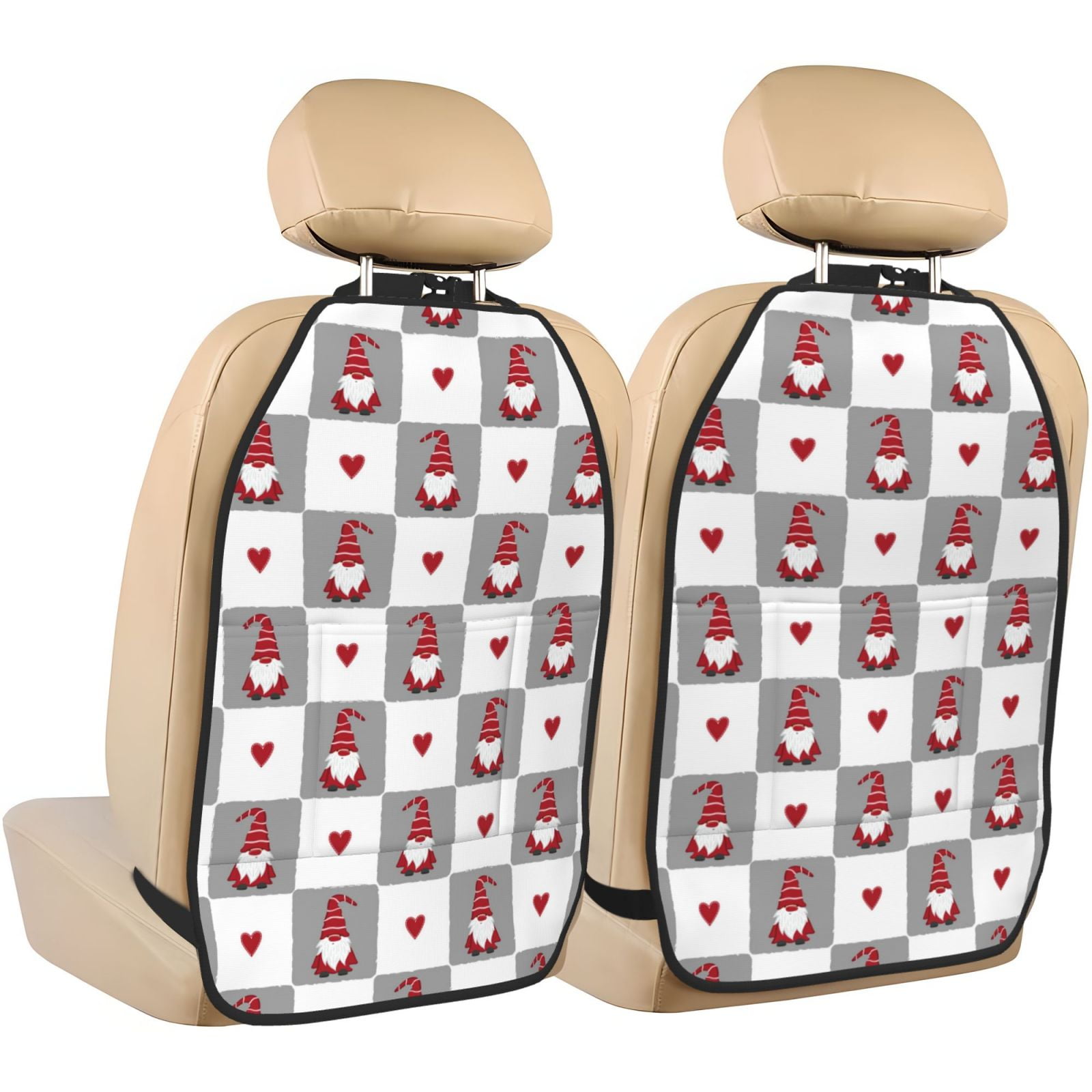 Kdxio Gnomes and Hearts Print 2 Pack Car Kick Mat Seat Cover Back Protector Mat with Pockets for Organizer Backseat Protector and Storage Anti Kick Pad for Vehicles