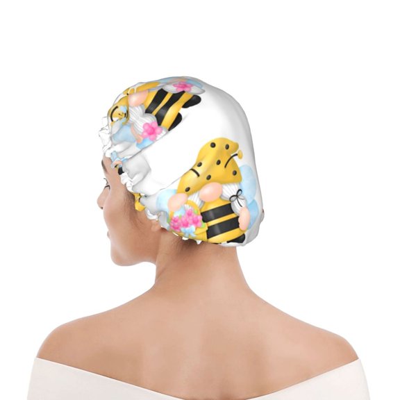 Kdxio Gnomes Honey Bee Print Shower Cap for Women,Elastic and Reusable,Double Waterproof Layers Bathing Hat