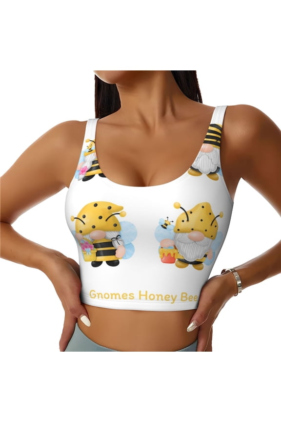 Gnomes Honey Bee Print Workout Crop Tank Top for Women Racerback Yoga Tank Tops Athletic Sports Shirts Exercise Undershirts