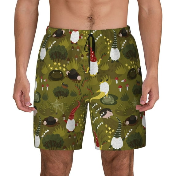 Kdxio Gnomes Playing in the Garden Print Men's Swim Trunks with Compression Liner 7 Inch Inseam Quick Dry Swim Shorts