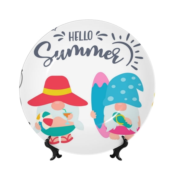 Kdxio Gnomes Summer Bone China Decorative Plate Ceramic Decorative Plate for Home Office Wall Stand Decorative Plates for Home Bedroom-6in