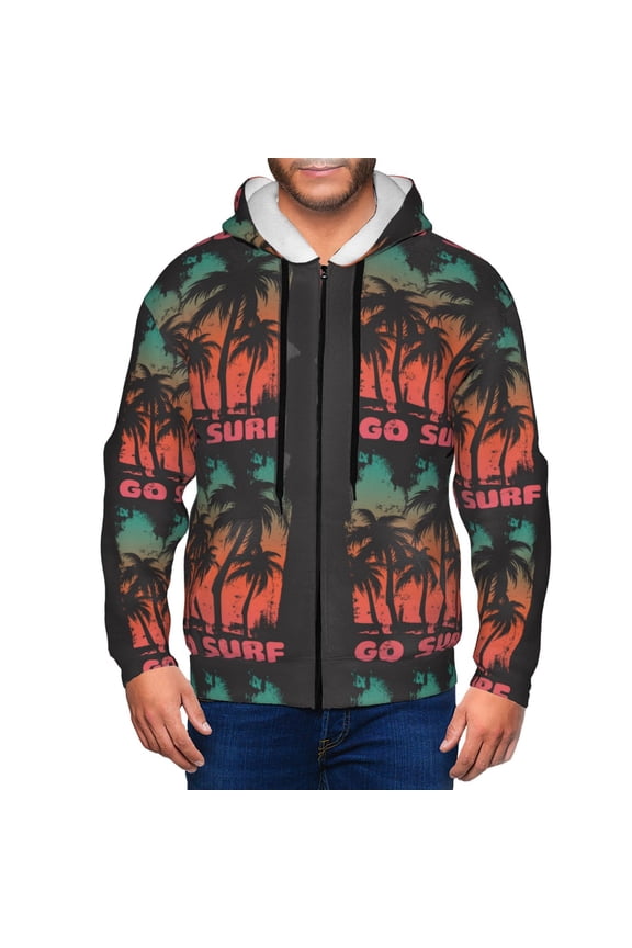 Go Surfer Print Men Hoodies Casual Hoodies for Men with Zip Pockets Full Zip Long Sleeve Sweatshirt Sports Hooded Jacket-X-Large