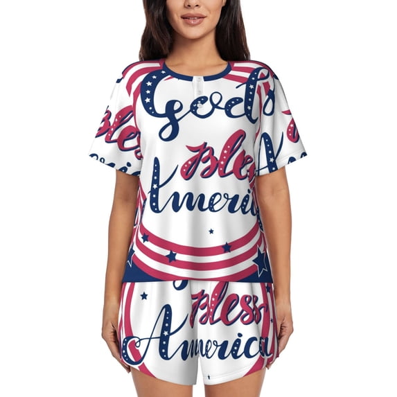 Kdxio God Bless America Patriotic Star Print Pajamas Sets for Women Short-Sleeved Pjs with Lounge Shorts Two Piece Sleepwear S-4XL