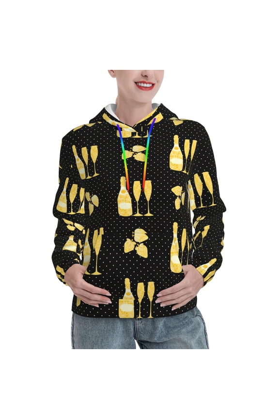 Gold Bottles Print Womens Oversized Hoodies Sweatshirts Hooded Pullover Tops Sweaters Casual-Small