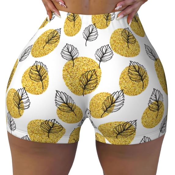 Kdxio Gold Dots and Leaves Print Workout Shorts for Women Seamless Soft Smooth Gym Yoga Scrunch Active Shorts