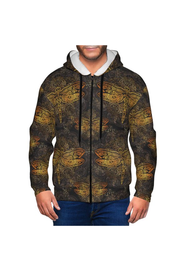Gold Dragonfly Mandala Print Men Hoodies Casual Hoodies for Men with Zip Pockets Full Zip Long Sleeve Sweatshirt Sports Hooded Jacket-X-Large