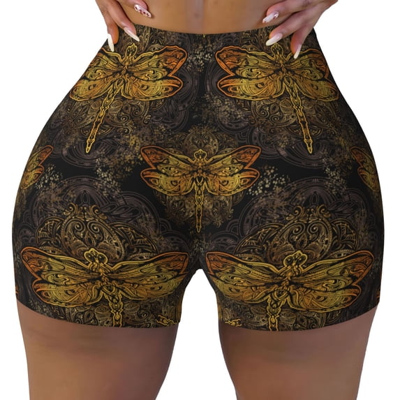 Kdxio Gold Dragonfly Mandala Print Workout Shorts for Women Seamless Soft Smooth Gym Yoga Scrunch Active Shorts