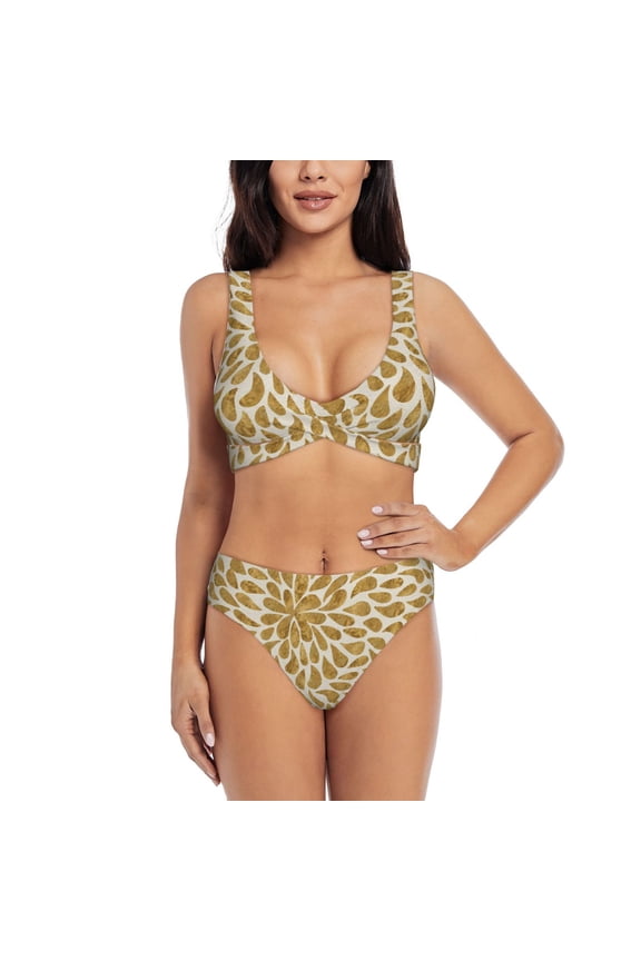 Gold Drops Print Women's 2 Piece High Waisted Wrap Spaghetti Strap Summer Swimsuit Bikini Set-Medium