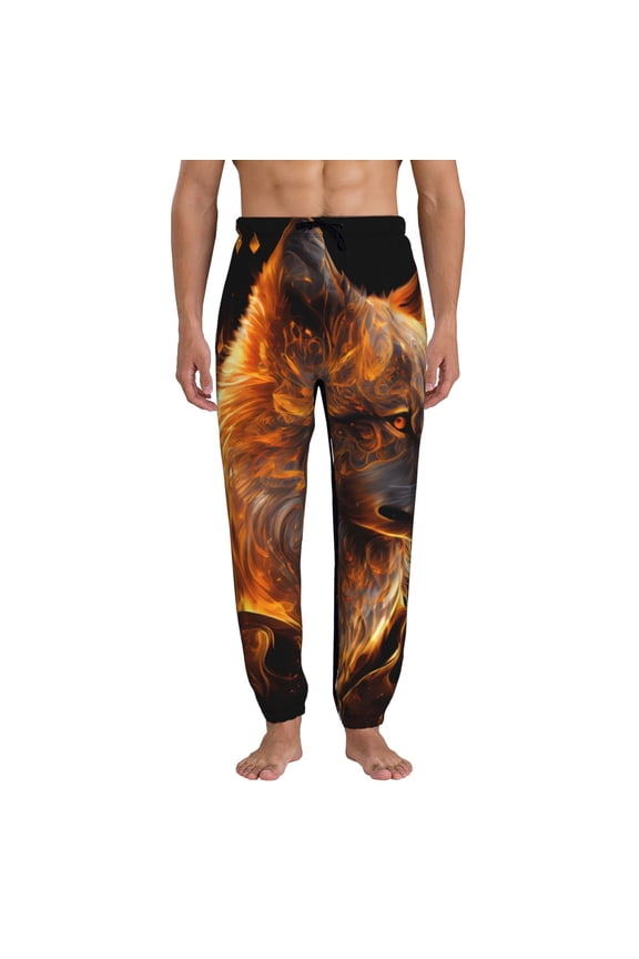 Gold Flame Pattern Wolf Pattern Joggers,Sweatpants for Men with Pockets-XX-Large