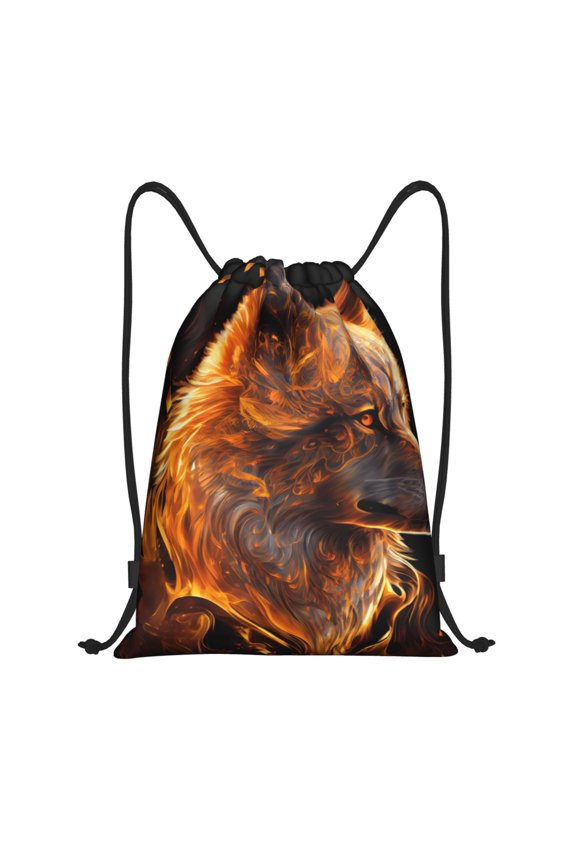 Gold Flame Pattern Wolf Print Drawstring Backpack Bag,Waterproof Draw String Back Sack, Gym Drawstring Bags Swim Bag For Unisex