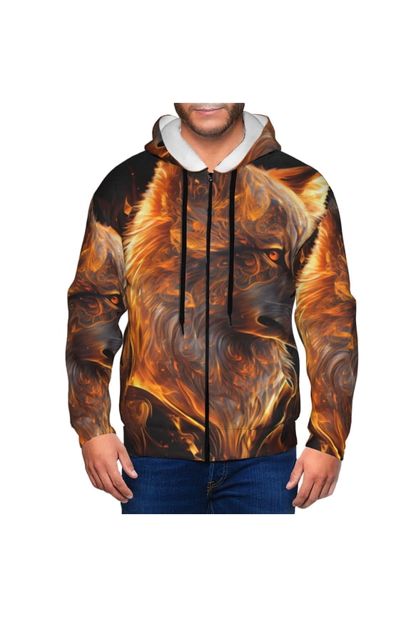 Gold Flame Pattern Wolf Print Men Hoodies Casual Hoodies for Men with Zip Pockets Full Zip Long Sleeve Sweatshirt Sports Hooded Jacket-Medium