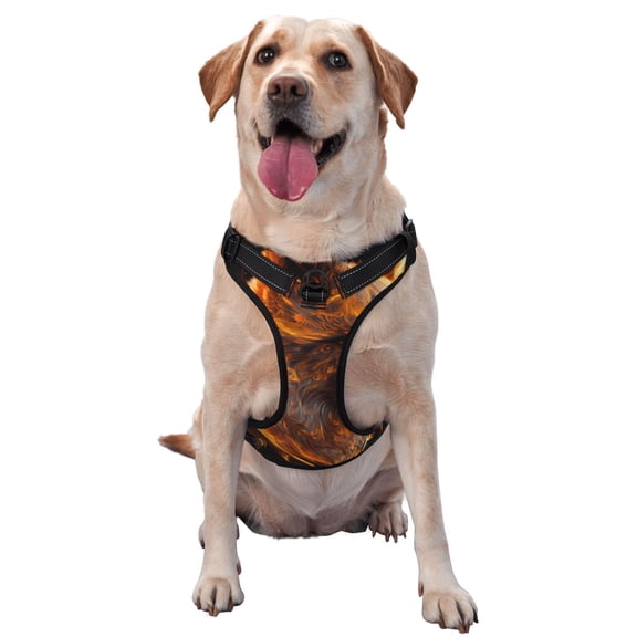 Kdxio Gold Flame Pattern Wolf Print No Pull Dog Harness Adjustable Reflective Oxford Easy Control Medium Large Dog Harness for Training and Everyday-Large
