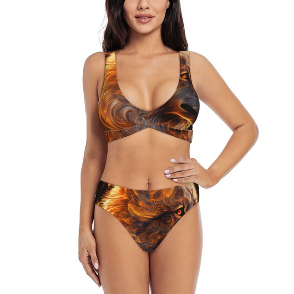 Kdxio Gold Flame Pattern Wolf Print Women's 2 Piece High Waisted Wrap Spaghetti Strap Summer Swimsuit Bikini Set-Medium