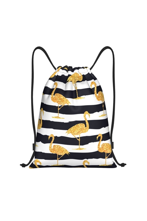 Gold Flamingo Print Drawstring Backpack Bag,Waterproof Draw String Back Sack, Gym Drawstring Bags Swim Bag For Unisex