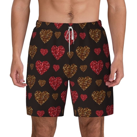 Kdxio Gold Glitter Heart Print Men'S Swim Trunks With Compression Liner 7 Inch Inseam Quick Dry Swim Shorts
