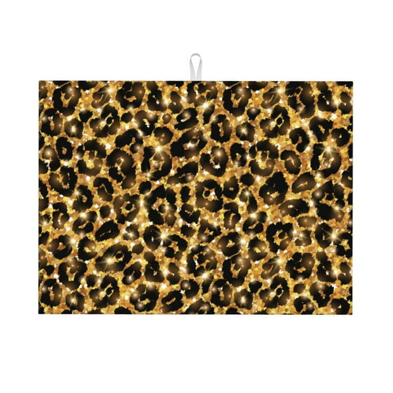 Kdxio Gold Glitter Leopard for Dish Drying Mat,24*18 inch Absorbent Dish Drainer Kitchen Counter,Large Size Dish Drying Pad for Countertops,Draining Racks