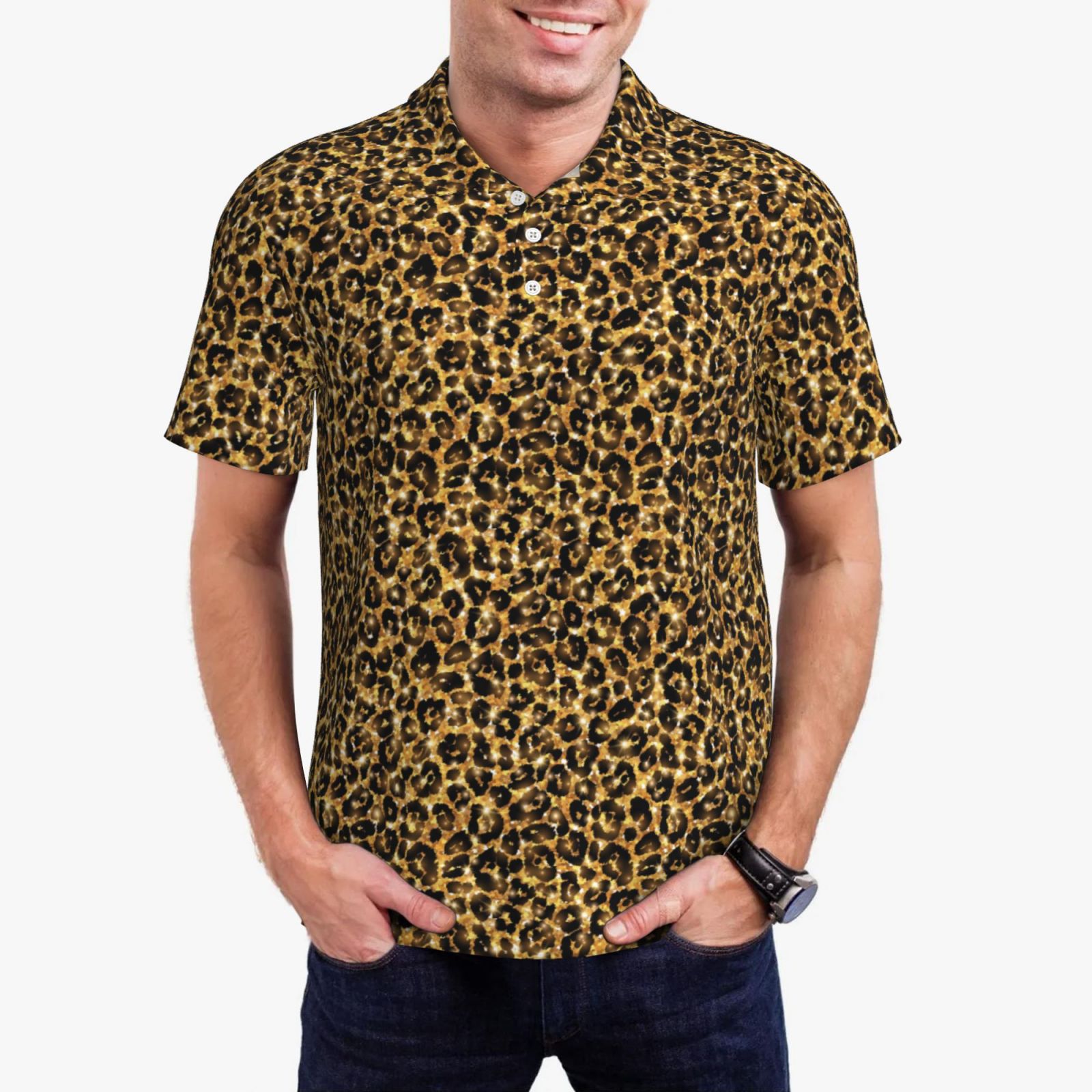 Kdxio Gold Glitter Leopard Print Men's Short Sleeve Polo Shirt