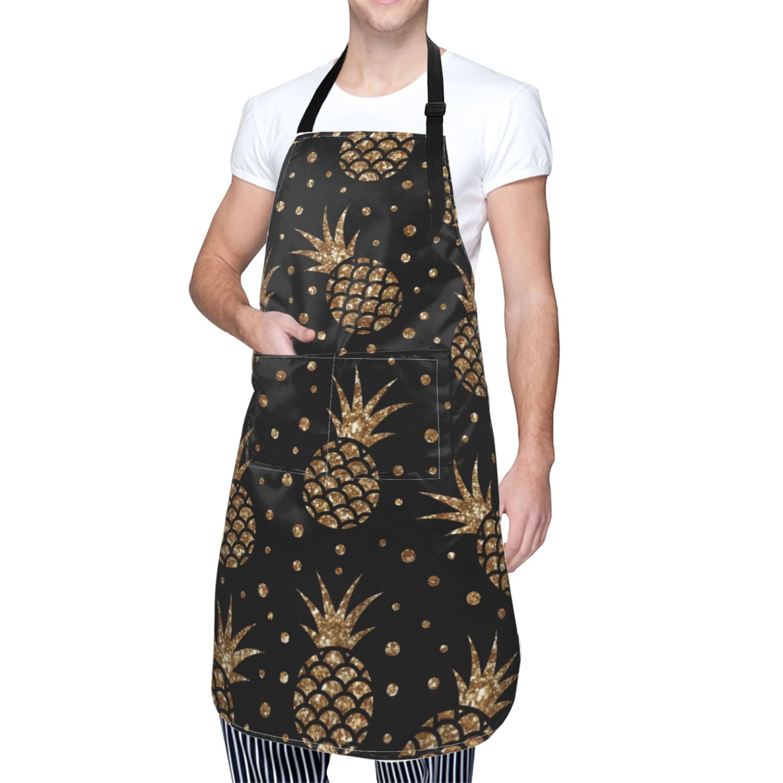 Kdxio Gold Glitter Pineapples Apron with Pockets Adjustable Kitchen Aprons for Men Women Waterproof Aprons for Cooking,Drawing,Crafting, Baking Household Cleaning