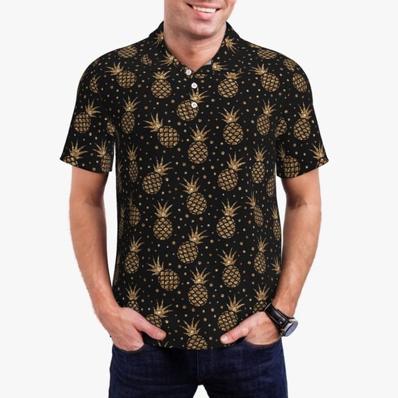 Kdxio Gold Glitter Pineapples Print Men's Short Sleeve Polo Shirt,Midweight Men's Shirt