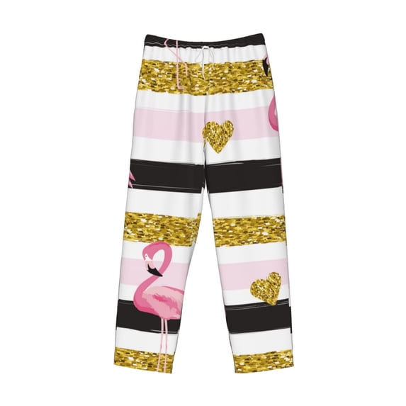 Kdxio Gold Glittering Hearts and Flamingos Print Men's Sleep Pajama Pant Lounge Pants with Pockets