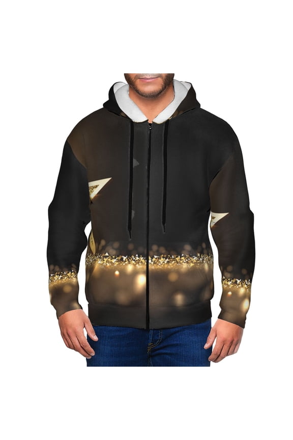 Gold Glittering Stars Print Men Hoodies Casual Hoodies for Men with Zip Pockets Full Zip Long Sleeve Sweatshirt Sports Hooded Jacket-Large