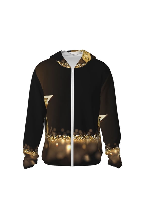 Gold Glittering Stars Print Women Men Sun Protection UPF 50+ Jackets Zip Up Long Sleeve Hoodie Hiking Lightweight with Pockets