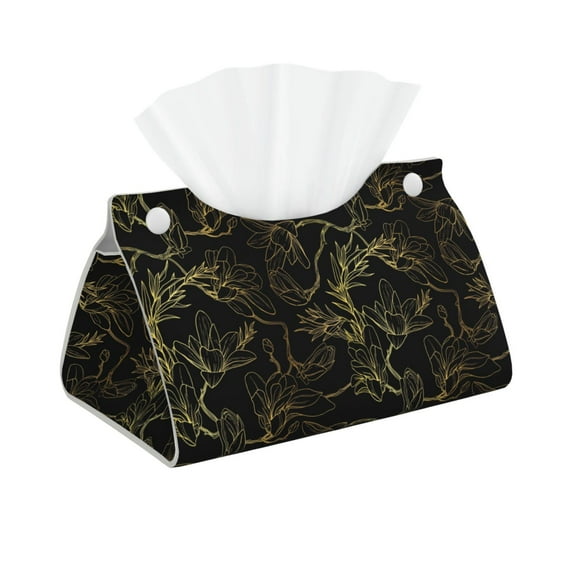 Kdxio Gold Gloss Outline Floral Print Tissue Box Cover,Modern PU Leather Rectangular Tissue Box Holder for Bathroom Living Room Bedroom Office Desk Car Home