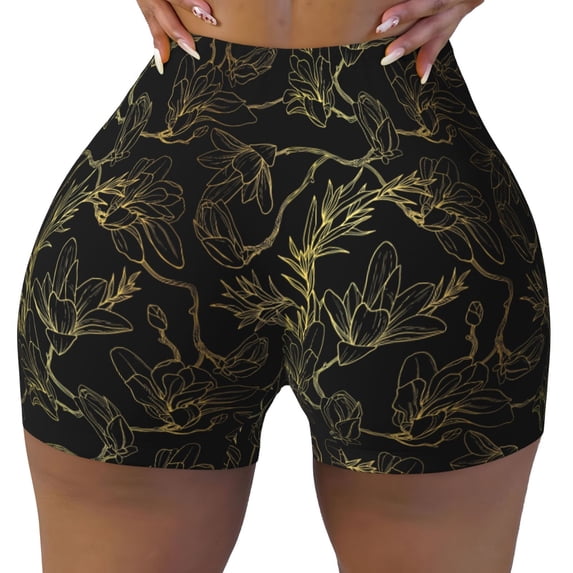 Kdxio Gold Gloss Outline Floral Print Workout Shorts for Women Seamless Soft Smooth Gym Yoga Scrunch Active Shorts