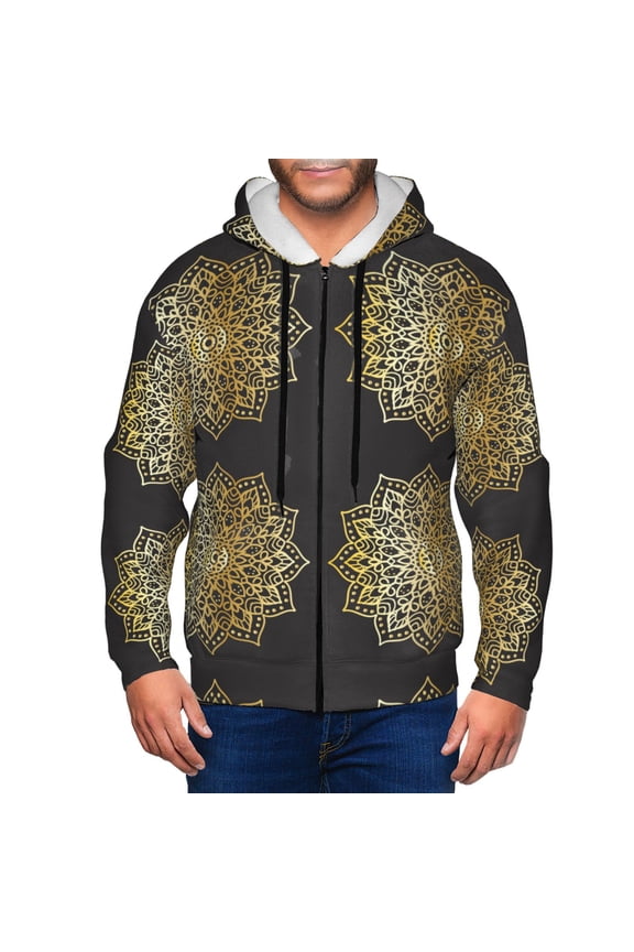 Gold Mandala Print Men Hoodies Casual Hoodies for Men with Zip Pockets Full Zip Long Sleeve Sweatshirt Sports Hooded Jacket-Medium