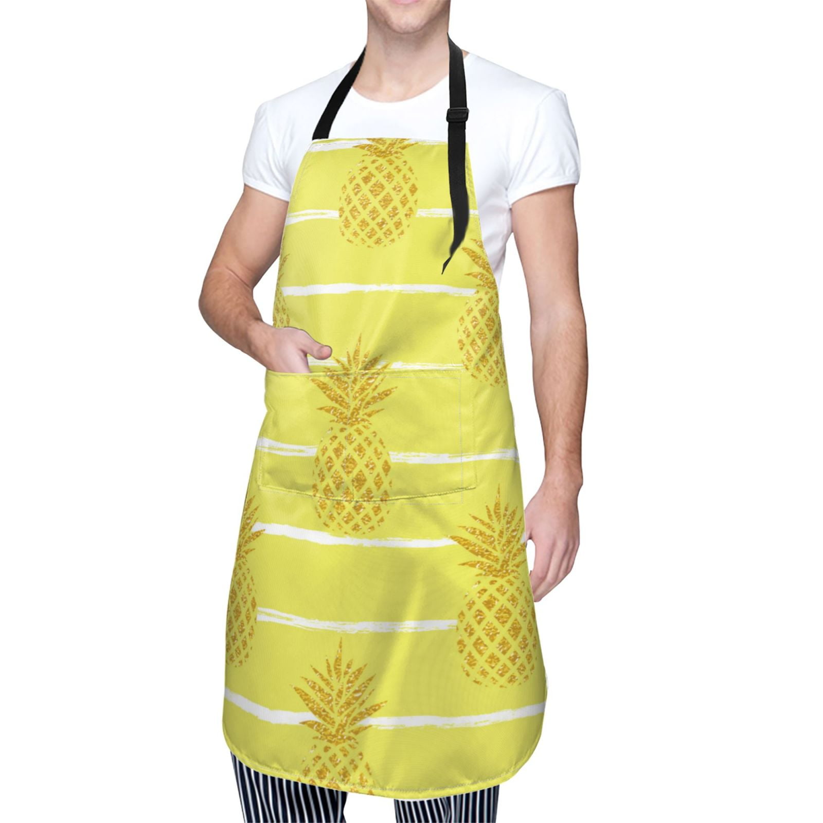 Kdxio Gold Pineapple Apron with Pockets Adjustable Kitchen Aprons for Men Women Waterproof Aprons for Cooking,Drawing,Crafting, Baking Household Cleaning