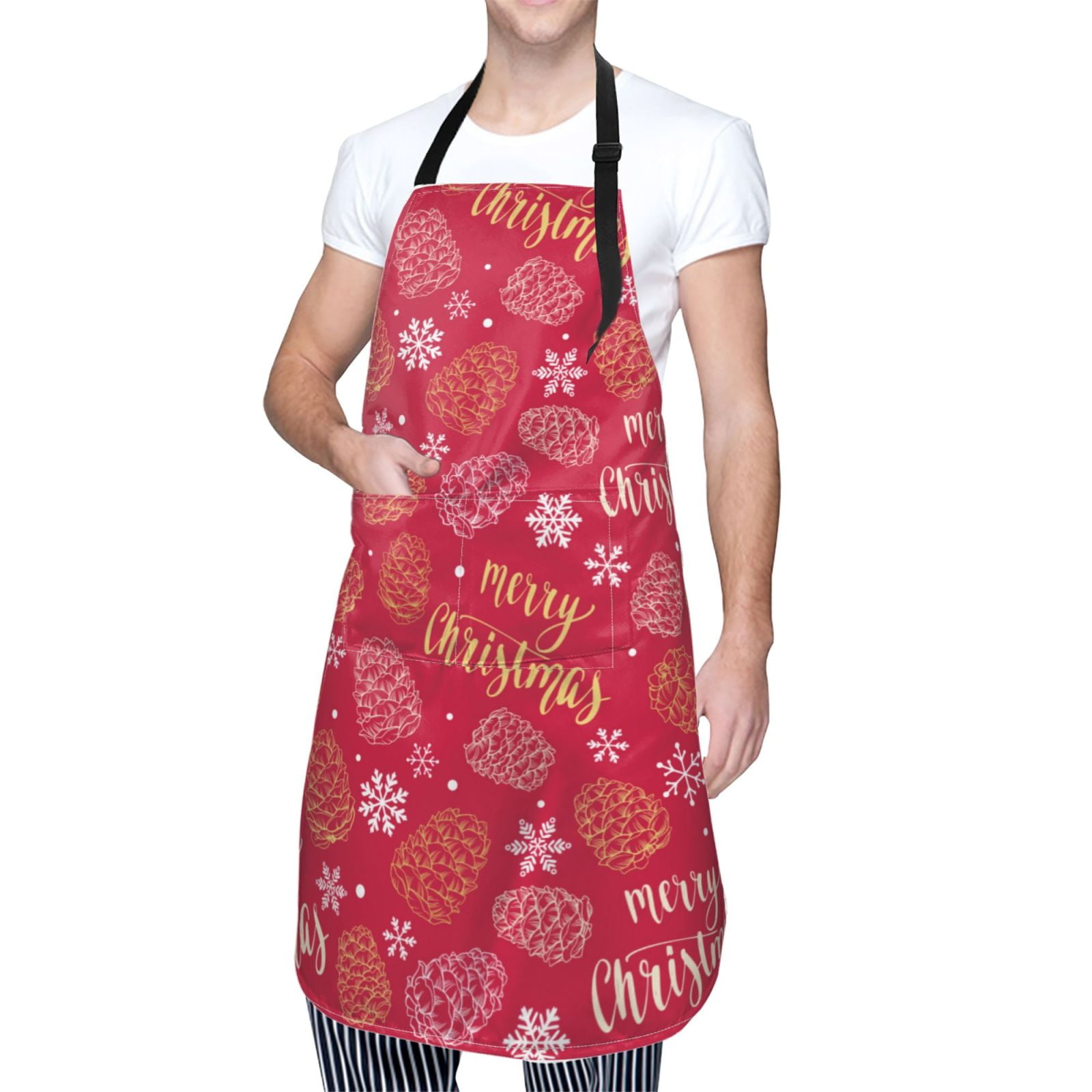 Kdxio Gold Pinecone Merry Christmas A Apron with Pockets Adjustable Kitchen Aprons for Men Women Waterproof Aprons for Cooking,Drawing,Crafting, Baking Household Cleaning