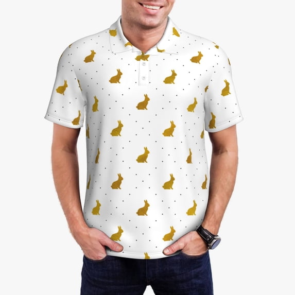 Kdxio Gold Rabbit Print Men's Short Sleeve Polo Shirt,Midweight Men's Shirt