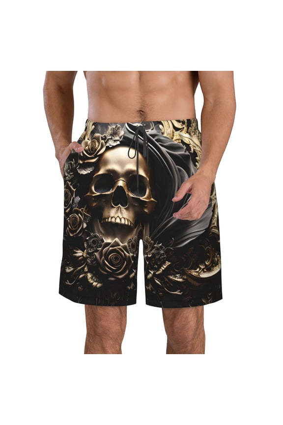 Gold Rose Skull Pattern Mens Casual Shorts - Drawstring Summer Beach Sports Shorts for Men