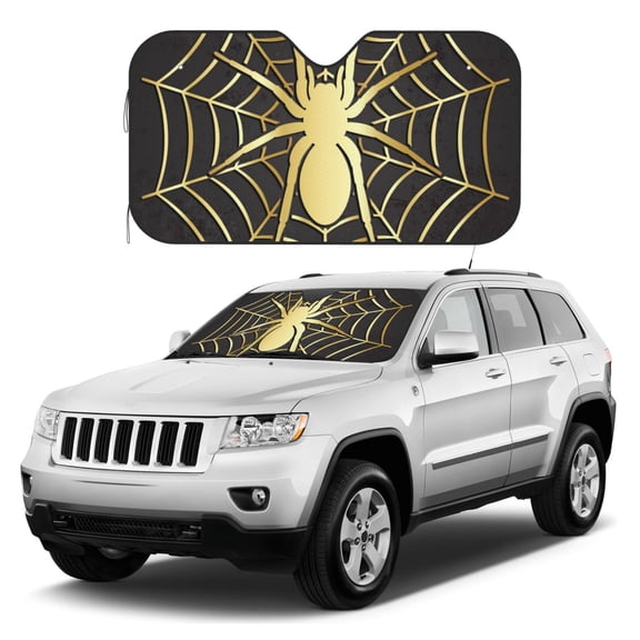 Kdxio Gold Spider On The Web Print Windshield Sun Shade, Foldable Sun Blocker for Car,Truck,SUV Automotive Interior Sun Protection,Reflective Shade for Front Windshield(Medium)