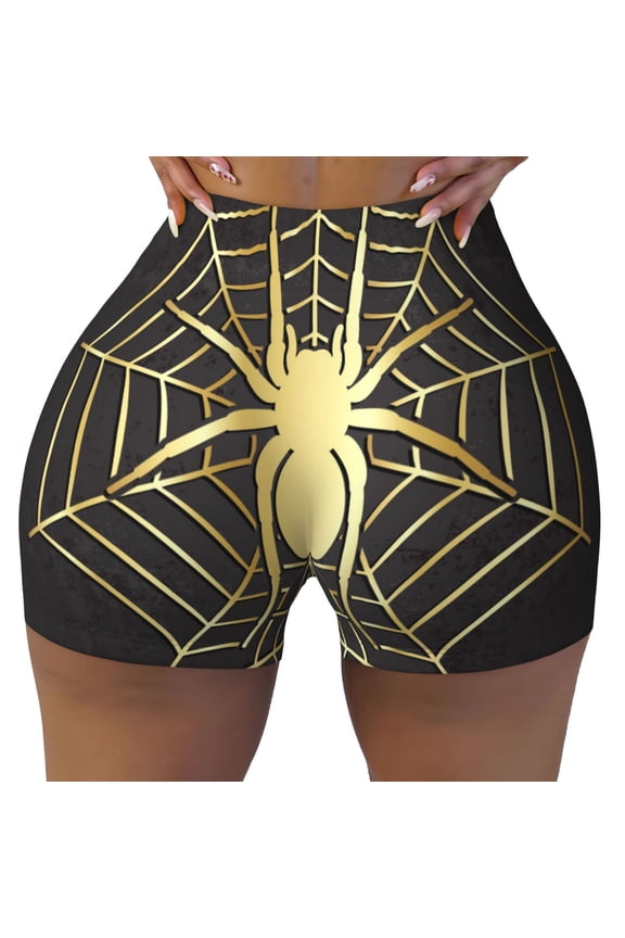 Gold Spider On The Web Print Workout Shorts for Women Seamless Soft Smooth Gym Yoga Scrunch Active Shorts