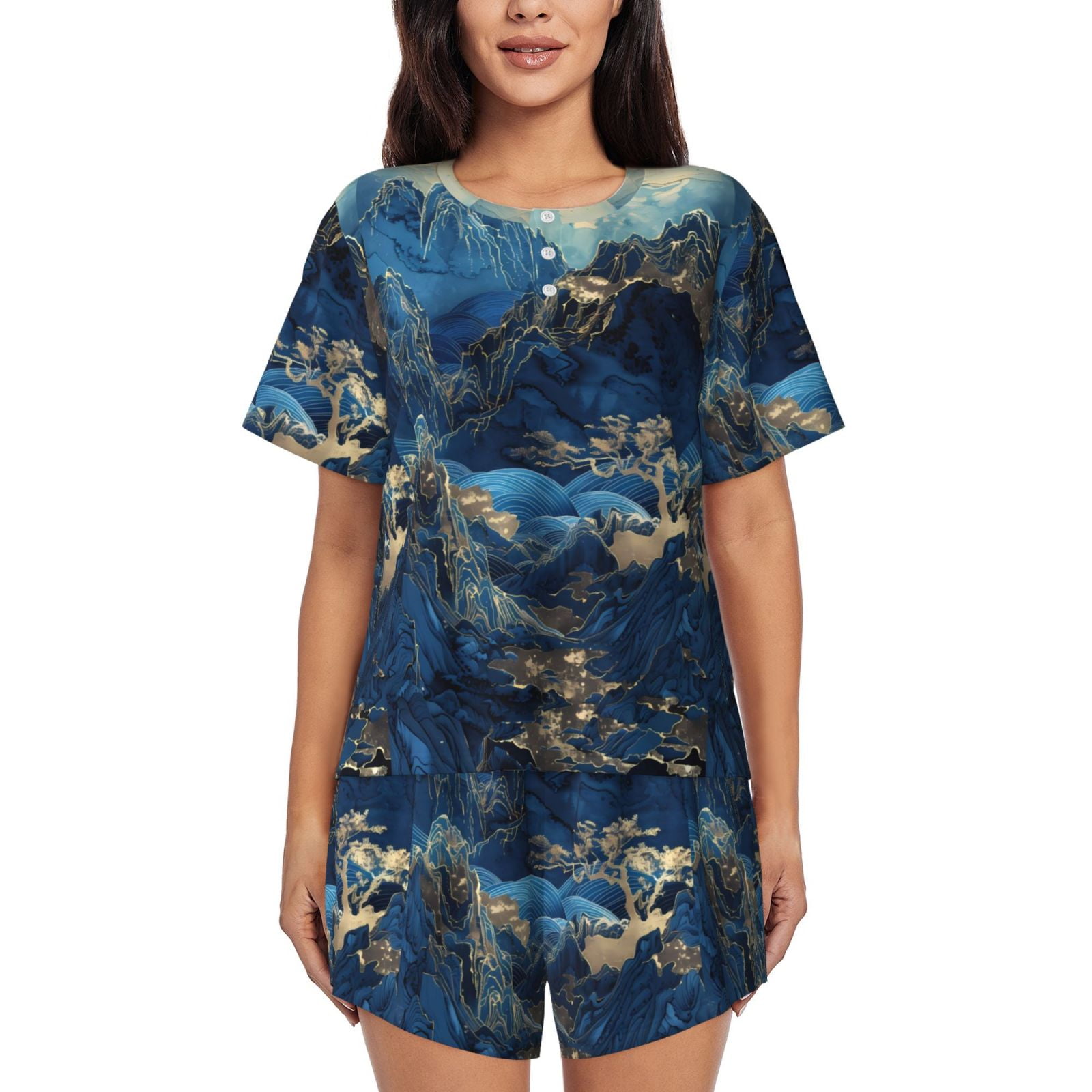 Kdxio Golden Blue Mountains Print Pajamas Sets for Women Short Sleeved Pjs with Lounge Shorts Two Piece Sleepwear S 4XL