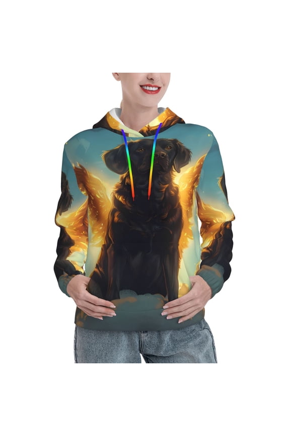 Golden Cloud Winged Dog Print Womens Oversized Hoodies Sweatshirts Hooded Pullover Tops Sweaters Casual-Large