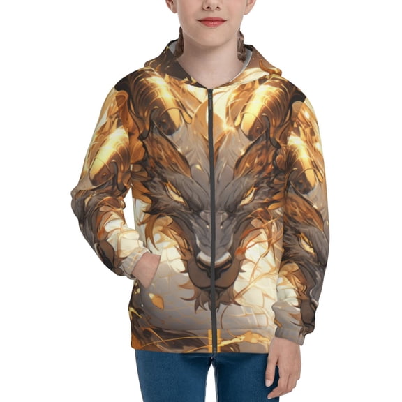 Kdxio Golden Horned White Dragon Pattern Kids Boys Girls Zip Up Hoodie 3D Printed Hooded Sweatshirt Hoody Coat with Pocket 7-12 Y-Small