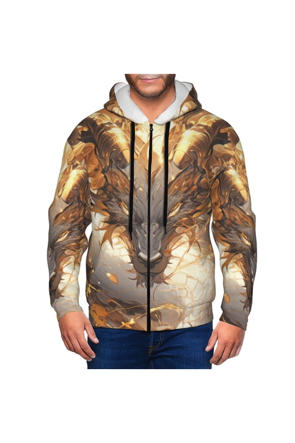 Golden Horned White Dragon Print Men Hoodies Casual Hoodies for Men with Zip Pockets Full Zip Long Sleeve Sweatshirt Sports Hooded Jacket-Medium